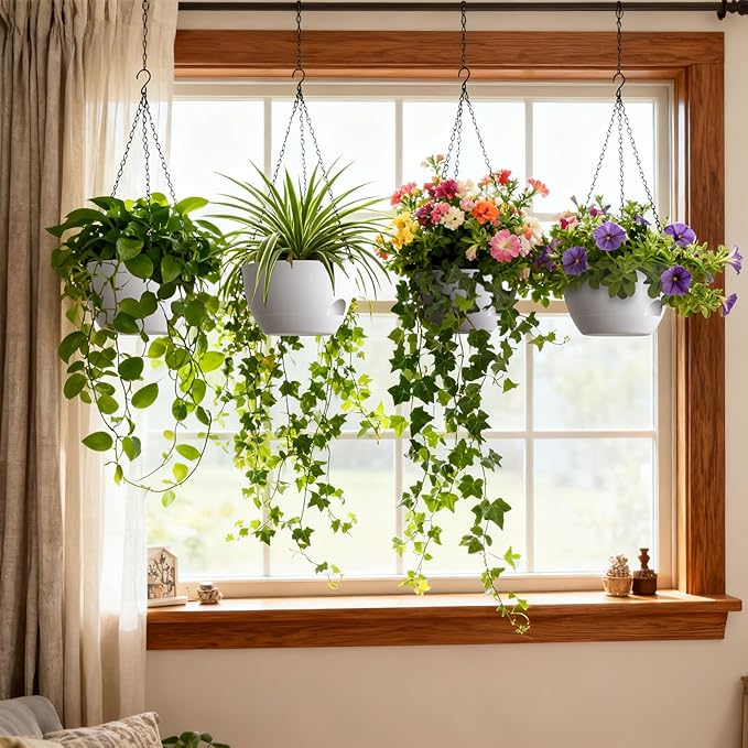 UOUZ 4 Pack 8 Inch Self Watering Hanging Planters for Indoor Outdoor Plants，Hanging Pots for Plants with Drainage Removable Tray, Hanging Baskets Flower Pots for Ivy Pothos Spider Garden Porch White