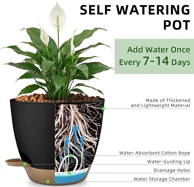 Plant Pots 8/7.5/7/6.5/6 Inch Self Watering Pots,5 Pack Planters with Drainage Holes and Saucers,Plastic Flower Pots,Nursery Planters for Indoor Outdoor Plants (Black)
