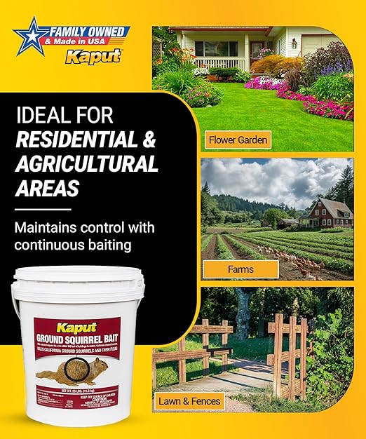 Kaput Ground Squirrel Bait - Effective Fleas & Squirrel Killer with Diphacinone & Imidacloprid - Targeted Pest Control for Outdoor Use, (25 lbs)