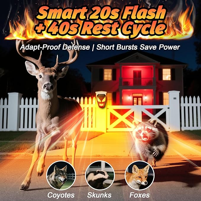 Solar Coyote Deterrent Predator Lights - Nocturnal Animal Repeller with Flame LED Flashing Lights for Chicken Coop, Yard & Garden Protection Against Raccoons, Foxes, Deer, Skunks, Hawks 4 PCS
