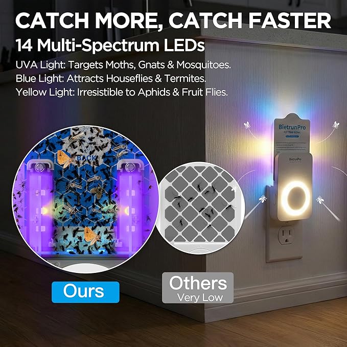 2 Flying Insect Traps+10 Refill Cartridges, 2026 2nd Gen, UV/Blue/Yellow Light Plug in Fly Trap & Indoor Bug Catcher for Gnats, No-Mess Bug Zapper, House & Fruit Flies, 7 * 24hrs Pest Control
