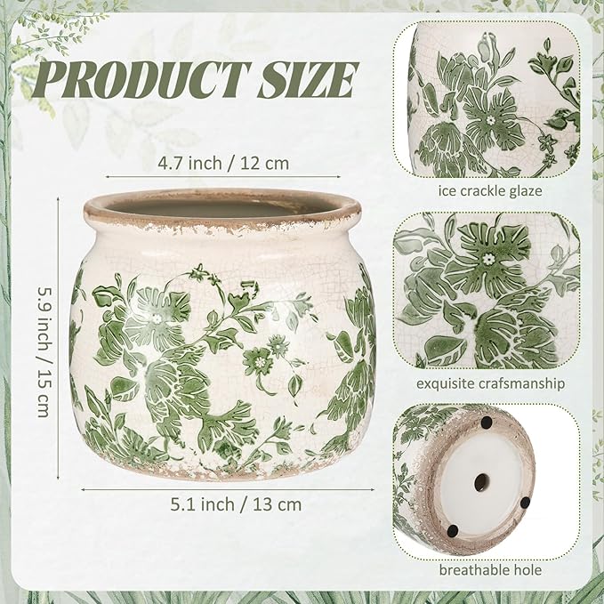 2 Pcs Vintage Planter Ceramic Plants Pot with Drainage Ice Crack Scroll Flower Vase Pot for Indoor Outdoor Plants Home Kitchen Decor Gifts (Vintage Floral,5.9")