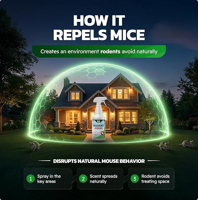 Eco Defense Mouse Spray Repellent Indoor with Peppermint Oil, Natural Peppermint Spray for Rodents, Mouse Repellent Spray for Home, Garage & Vehicles, Rodent Repellent 16 oz