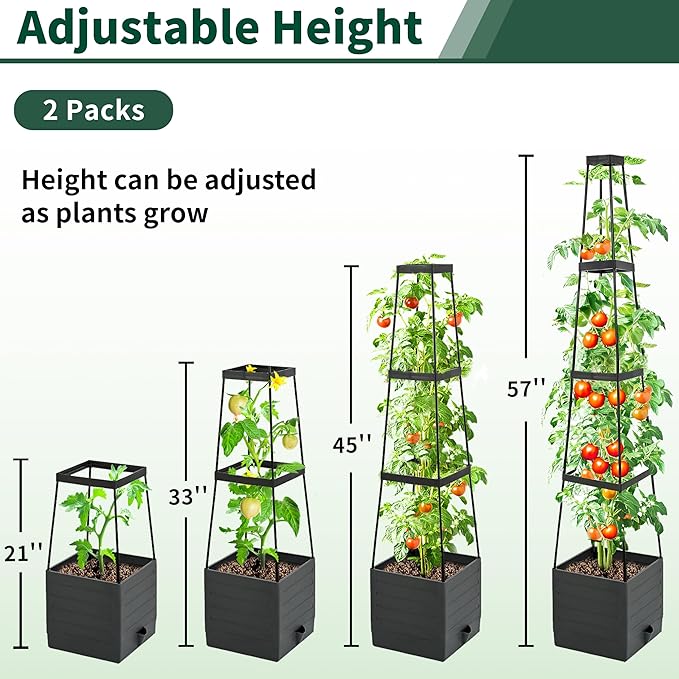 SYITCUN Tomato Planter with Trellis, 57 Inch Self-Watering Planter Box 2-Pack, Grey Planter with Metal Support for Outdoor Indoor Climbing Plants
