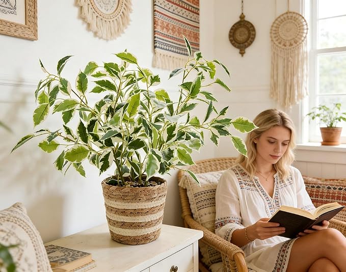 19" Variegated Ficus Artificial Potted Plant in Striped Woven Basket Lifelike Indoor Fake Plant for Shelf Table Apartment Boho Home Decor