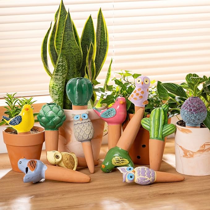 SURE YUESI 4 Pack Self Watering Bird Shaped Globes, Terracotta Vacation Planters Devices with Slow Release Automatic Watering Spikes, Plant Watering Pots for Indoor and Outdoor Potted Plant