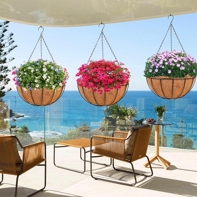HKZ Hanging Basket Planter Plants Outdoor - 4 Pack 12 Inch Metal Hanging Planter with Coco Liners, Chain Hook Hanging Flower Pots for Indoor Outdoor Garden Porch Decoration