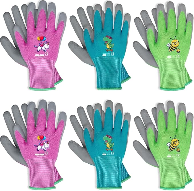 KDK Ages 3-5 Kids Gardening Gloves,Yard Work Gloves for Toddlers, Youth, Girls, Boys, Childrens, Soft Safety Rubber Glove (6 Pairs Green, Blue&Pink, XXXS Age 3-5)