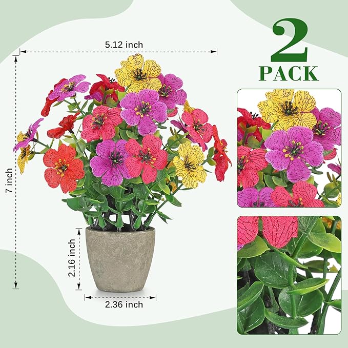 2 Pack Small Fake Plants Potted Artificial Plants Artificial Flowers Potted Faux Flower Daisy with Eucalyptus Leaves for Home Decor Office Room Farmhouse Indoor Table Bathroom Decor （colorful）