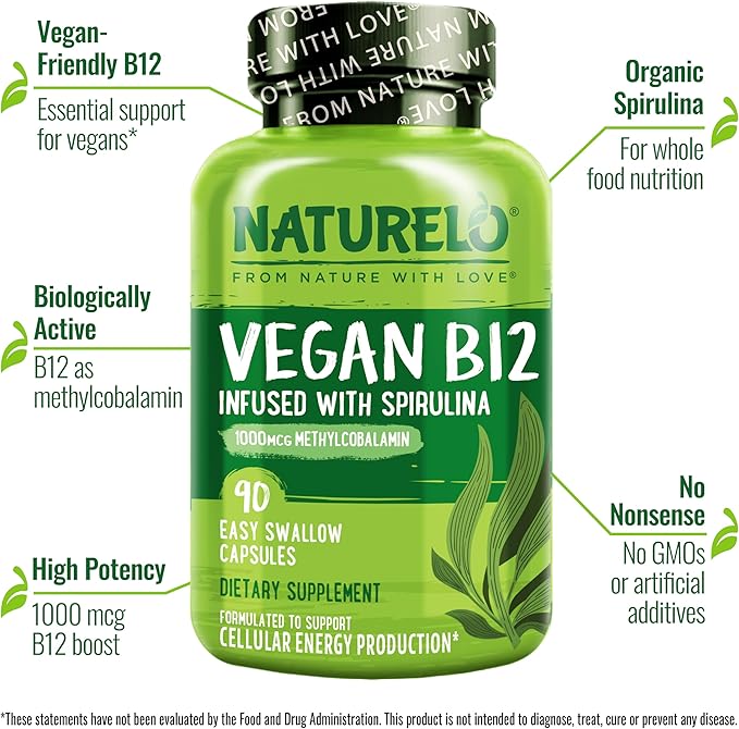 NATURELO Vegan B12 - Methyl B12 with Organic Spirulina - High Potency Vitamin B12 1000 mcg Methylcobalamin - Supports Healthy Mood, Energy, Heart & Eye Health - 90 Capsules (Pack of 2)