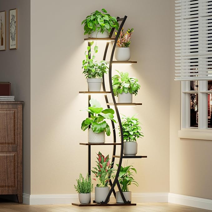 MJOMKN 62" Plant Stand Indoor with Grow Lights - 7 Tiered Tall Metal Plant Shelf - Corner Wooden Plant Stand for Indoor Plants Multiple, Large S-Shape Flower Rack Holder for Living Room, Garden, Patio Decor