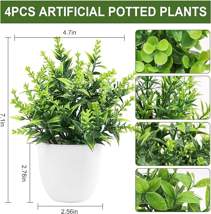 Der Rose Faux Plants Indoor, 4 Pack Small Fake Plants Mini Artificial Plants in Pots for Home Office Shelf Farmhouse Bathroom Decor