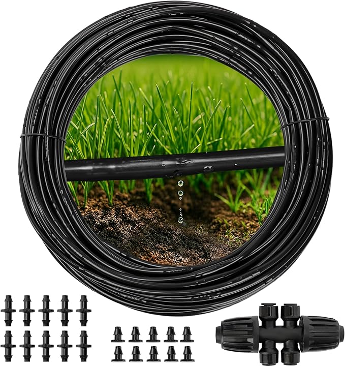 MIXC 1/4" Irrigation Dripline Tubing (100 Ft Roll), Saving 80% Water, 6" Emitter Spacing, 0.5 GPH Emitters Built-In Drip Irrigation Line with 1/4" Fittings Included, Black