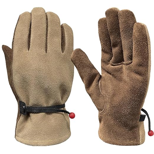 Leather Work Gloves for Men Women with Cotton Lining, Thorn Proof Gardening Gloves for TIG/MIG Welding, Construction (Brown, Large)