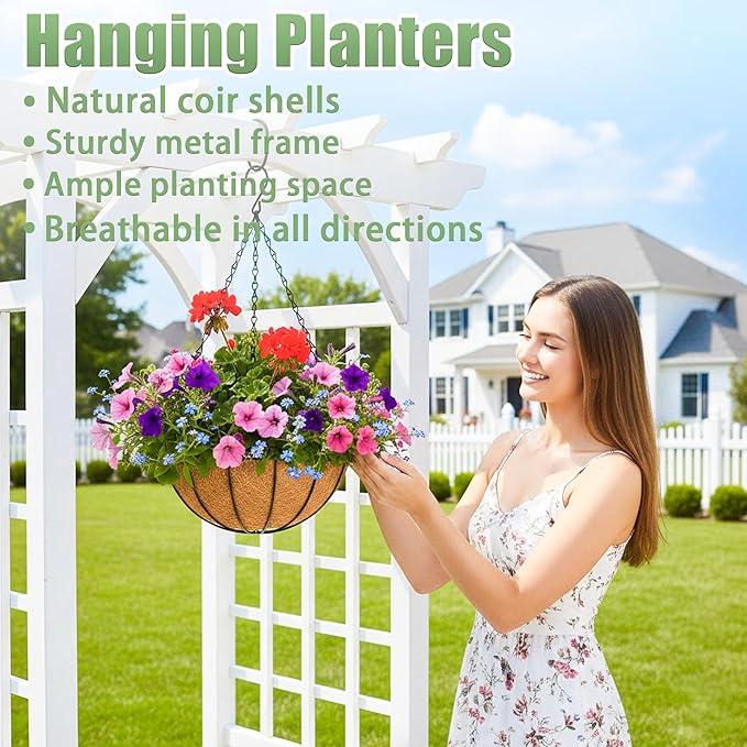 4 Pack 12 Inch Hanging Baskets for Plants Outdoor Metal Hanging Planters Round Hanging Flower Pots with Coco Coir Liner Plant Holder for Outdoor Patio Garden Balcony Decor - Watermelon