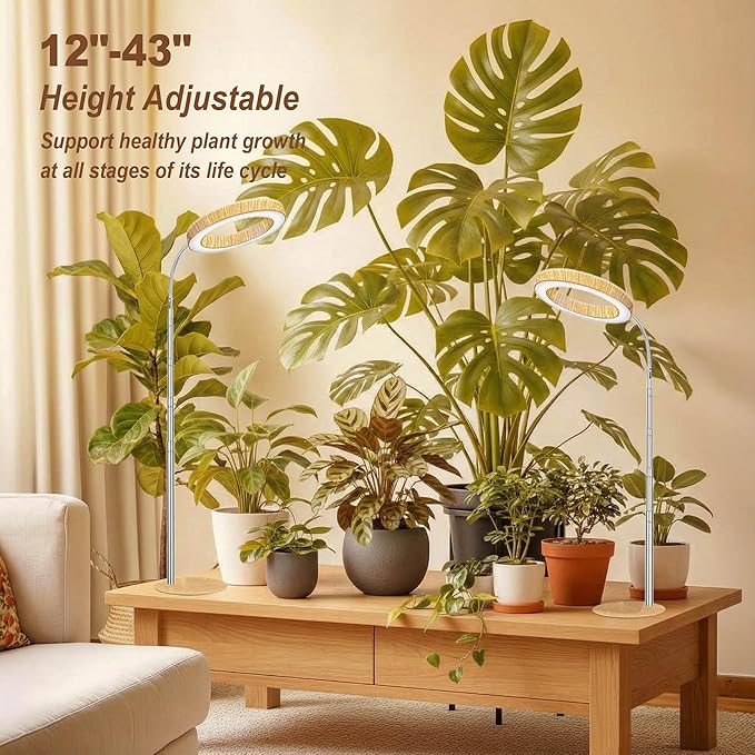 Grow Light for Indoor Plants Full Spectrum, Desk LED Plant Light with Faux Wood Grain, 12"-43" Height Adjustable, Auto On/Off Timer 3/9/12H, 3 Modes 10 Dimmable Levels for Succulents, Herbs