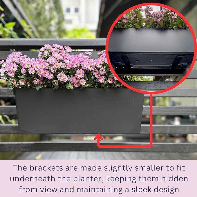 LaLaGreen Outdoor Planter Boxes (14 Inch, 4 Pack) Black Rectangular Self-Watering Railing Planters with Brackets, Hanging Window Boxes for Herbs Flowers Outdoor Plants Deck Garden Plastic Containers