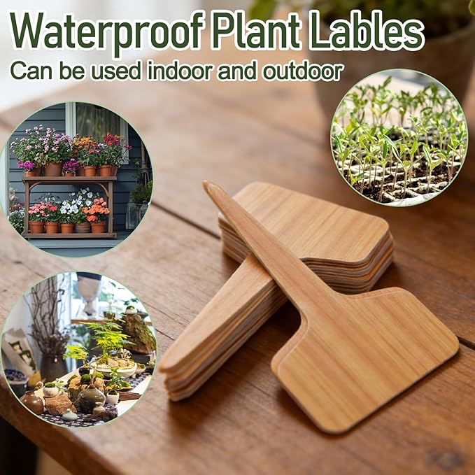 Wanateber 100 Pcs Plastic Plant Labels & Garden Markers with Marking Pen, Waterproof T-Type Plant Tags for Seed Starting, Herb Garden, Vegetable Gardening, Potted Plants & Outdoor Use