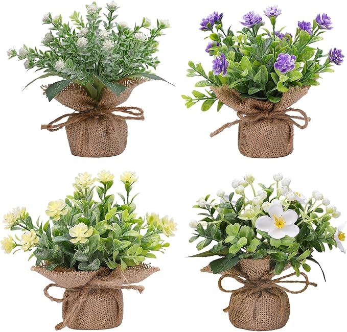 Artificial Plant Decorations mini Greenery Fake Plants Indoor Outdoor Cute Small Faux Eucalyptus House Home Living Room Bathroom Table Desk Office Hotel Spring Decor 4 Kinds of Flowers