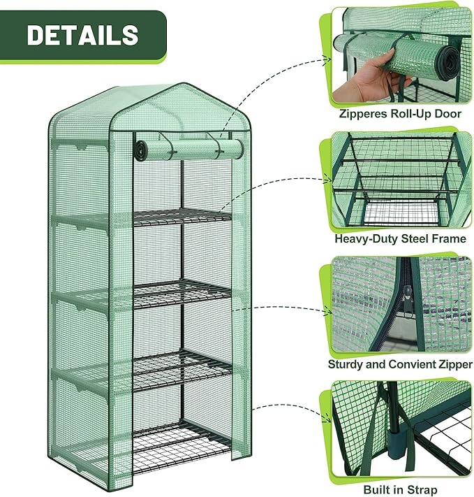 4-Tier Mini Greenhouse Portable Garden Grow Plants Flower Seedings Green House w/PE Cover, Roll-Up Zipper Door and Metal Frame 27.25"(L) X 19"(W) x 63"(H)