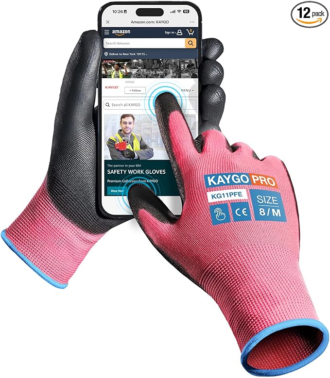 KAYGO Work Gloves PU Coated for Men and Women, 12 Pairs Safety Work Gloves with Two Fingers Touchscreen, Breathable and Lightweight,Ideal for Light Warehouse, Manufacturing, Gardening, KG11P (M,Pink)