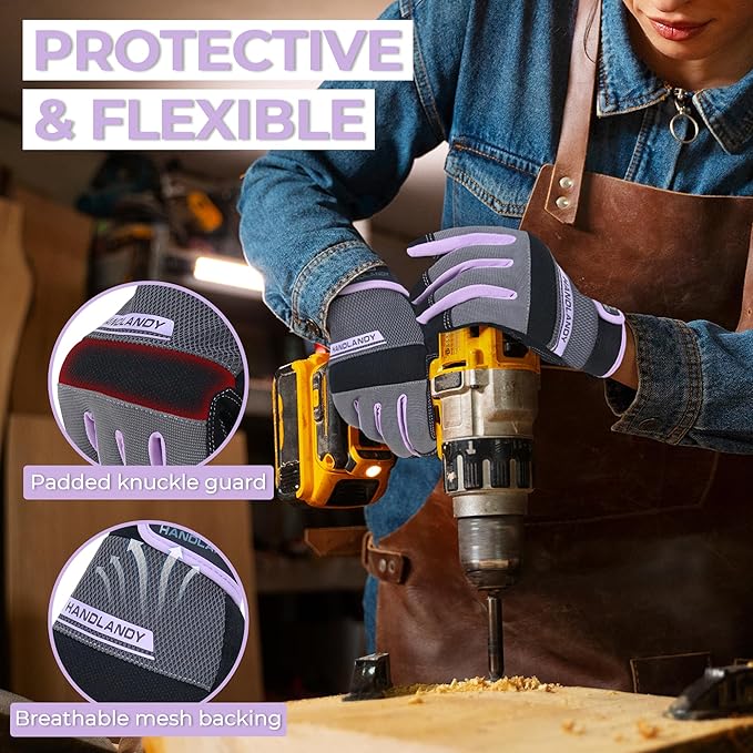 HANDLANDY Work Gloves for Women, Breathable Leather Gardening Glove for Yard Maintenance, Hand Protection with Touch Screen
