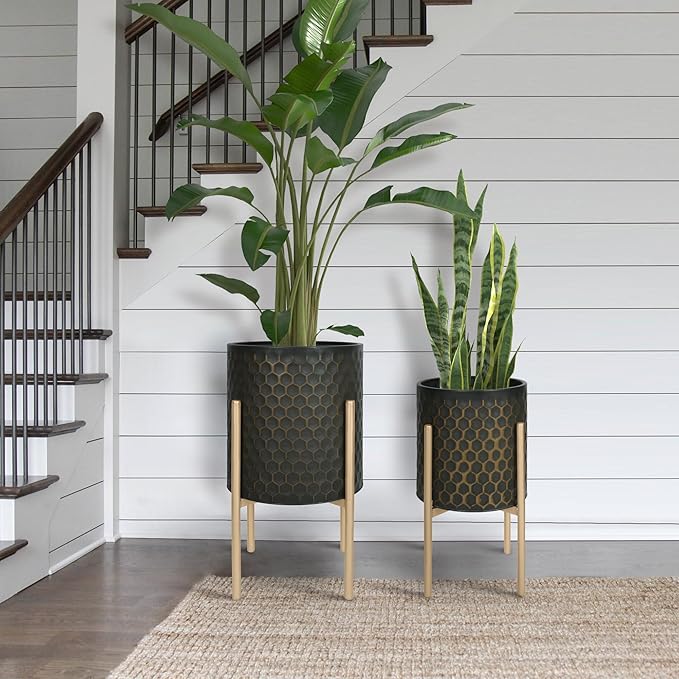 Oakrain Mid Century Planters for Indoor Plants, Set of 2, Modern Decorative Metal Pots for Living Room, Office, Garden or Balcony, Black&Golden Honeycomb, 10" &12"