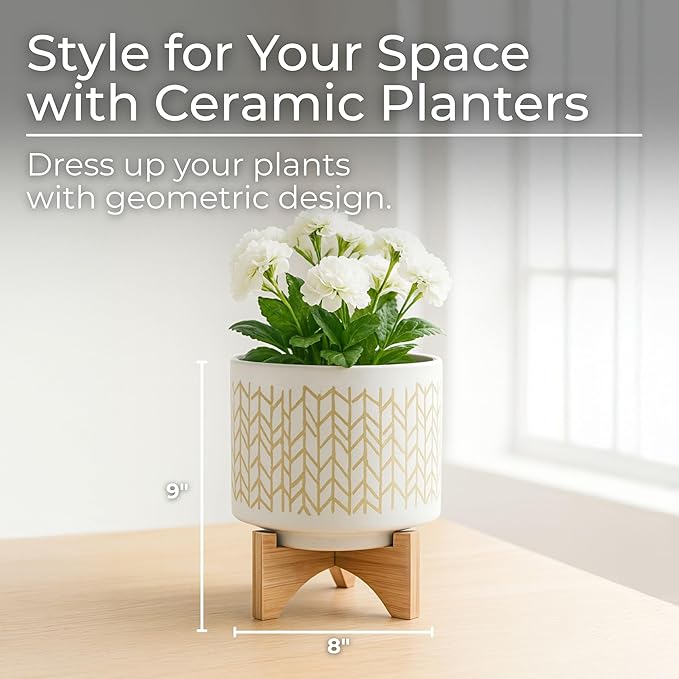 Ceramic Planter with Bamboo Wood Stand – Modern Stoneware Plant Pot with Geometric Chevron Pattern – Decorative Indoor & Outdoor Flower Holder for Living Room, Patio, or Garden Home Decor – 9" Beige