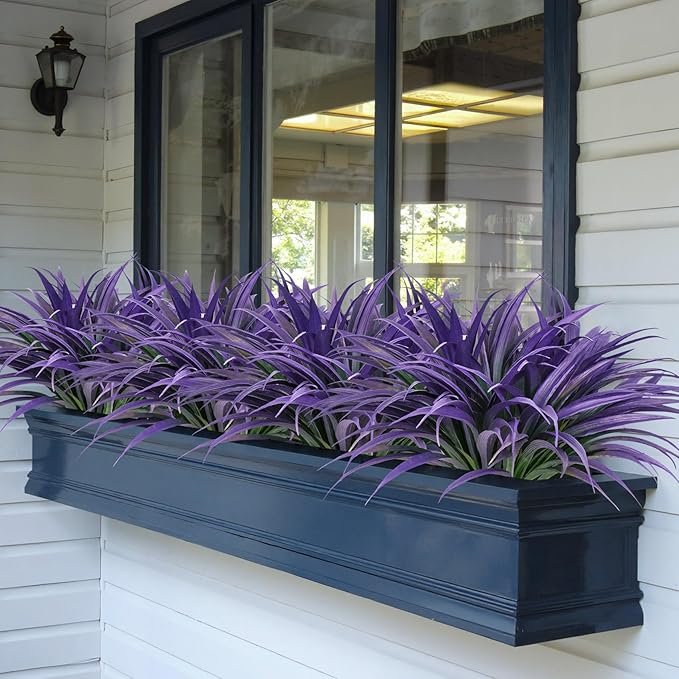 Ouddy Decor 20 Pcs Fake Outdoor Plants Artificial Grass Greenery Stems Faux Plastic Plants UV Resistant for Spring Summer Indoor Outside Garden Hanging Planter Porch Window Box Home Decor, Purple