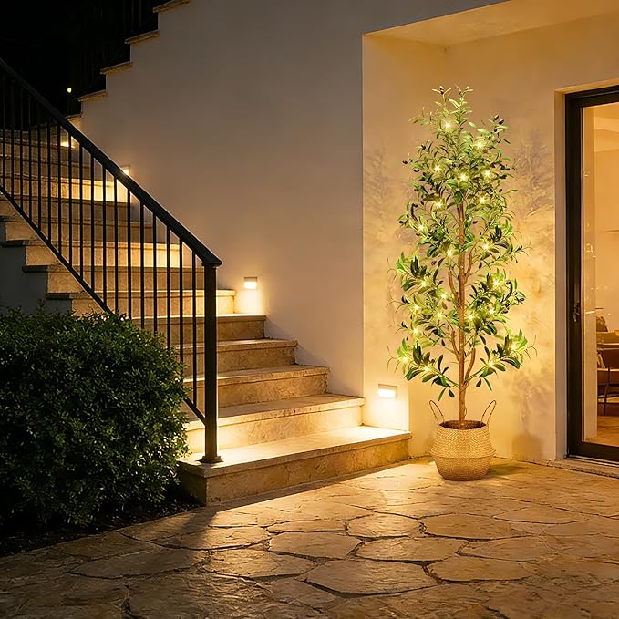 TNELTUEB Artificial Olive Tree 7FT-Large Faux Olive Trees Indoor with White Planter & Basket and Lights, Tall Fake Olive Plants Silk Tree with Branches and Fruits for Christmas Home Decor Office