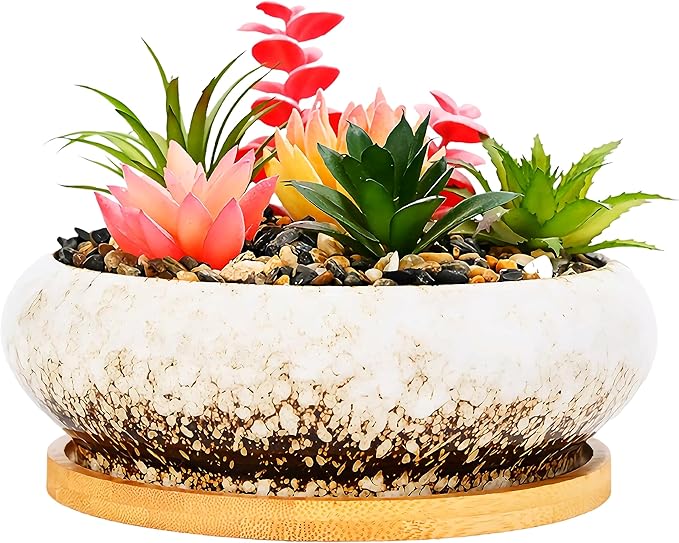 Cute Circular Ceramic Home Garden Decoration Succulent Cactus Flower Pots Container with Bamboo Tray -Plant Not Included (White, 7.3 Inch)