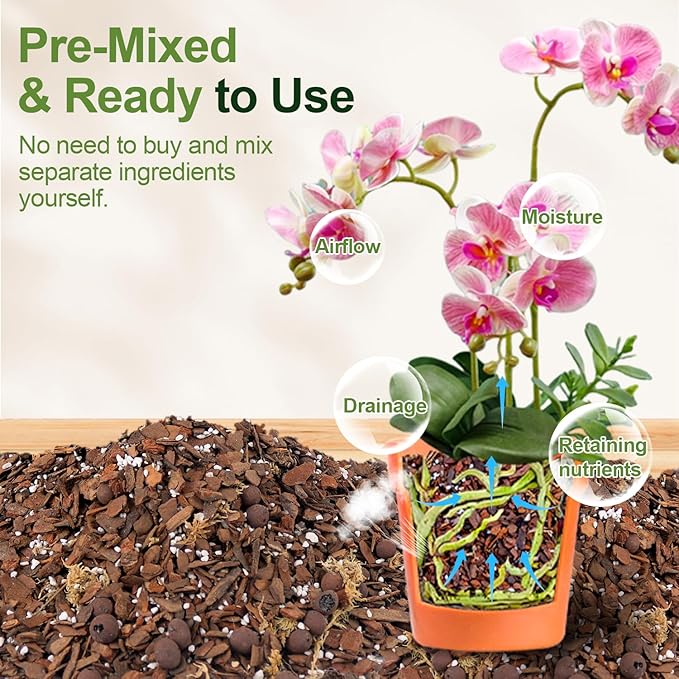 Orchid Bark Potting Mix 9Quart, Mix Pine Bark, Organic Perlite, Sphagnum Moss and Leca Clay Pebbles for Plants, Orchid Fertilizer Garden Soil for Root Development