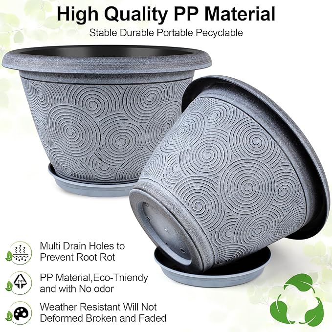 Fodetyff 14 Inch Large Planter Pot for Plants Indoor Outdoor, 4 Pack Plastic Flower Pots with Drainage Hole & Tray, Modern Decorative Garden Pot with Saucer, Plant Container for House