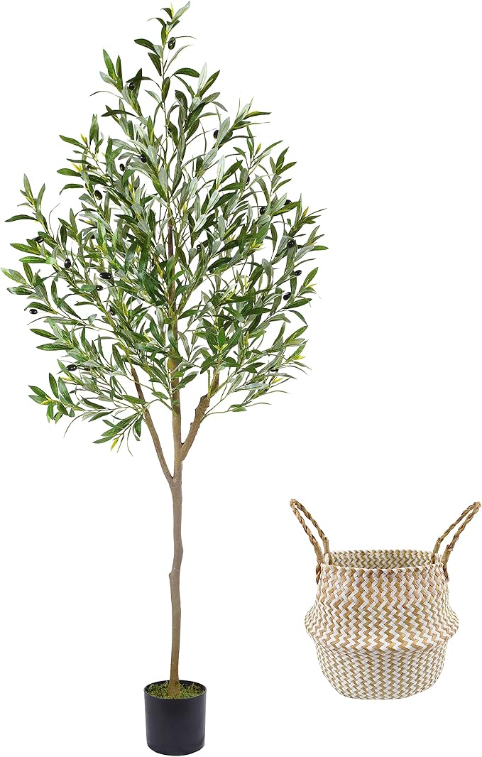 Warmplants Artificial Olive Tree, 6ft Tall Fake Olive Leaves Plant with Basket, Indoor Outdoor Faux Olive Topiary Silk Tree for Home Livingroom Office Décor