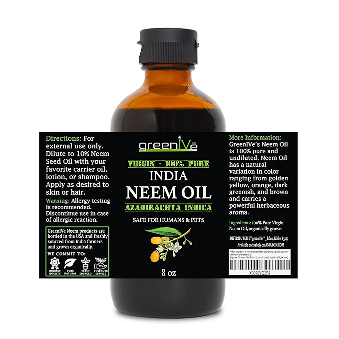 GreenIVe 100% Pure Neem Oil Glass Bottle Naturally Grown - Cold Pressed Virgin Unrefined Hexane Free Hair & Skin Massage & Carrier Oil - Nail Cuticle, Pet, Plant Care 8 fl oz GLASS Bottle