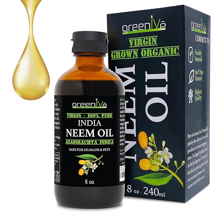 GreenIVe 100% Pure Neem Oil Glass Bottle Naturally Grown - Cold Pressed Virgin Unrefined Hexane Free Hair & Skin Massage & Carrier Oil - Nail Cuticle, Pet, Plant Care 8 fl oz GLASS Bottle