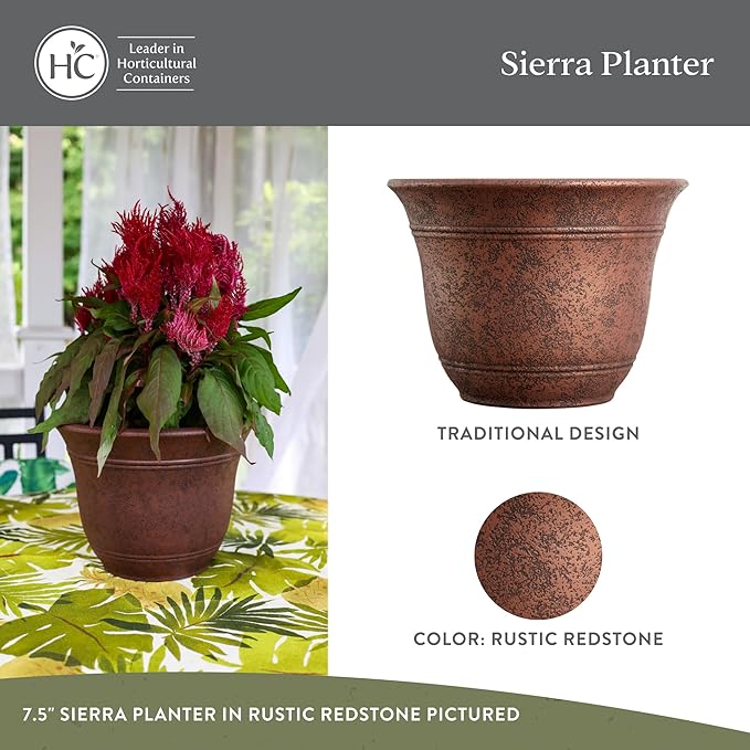 The HC Companies Sierra Round Self-Watering Pot - Lightweight Plastic Planter for Herbs & More - Durable Plant Pots for Indoor Plants & Outdoor Plants (13” Rustic Redstone, Pack of 2)