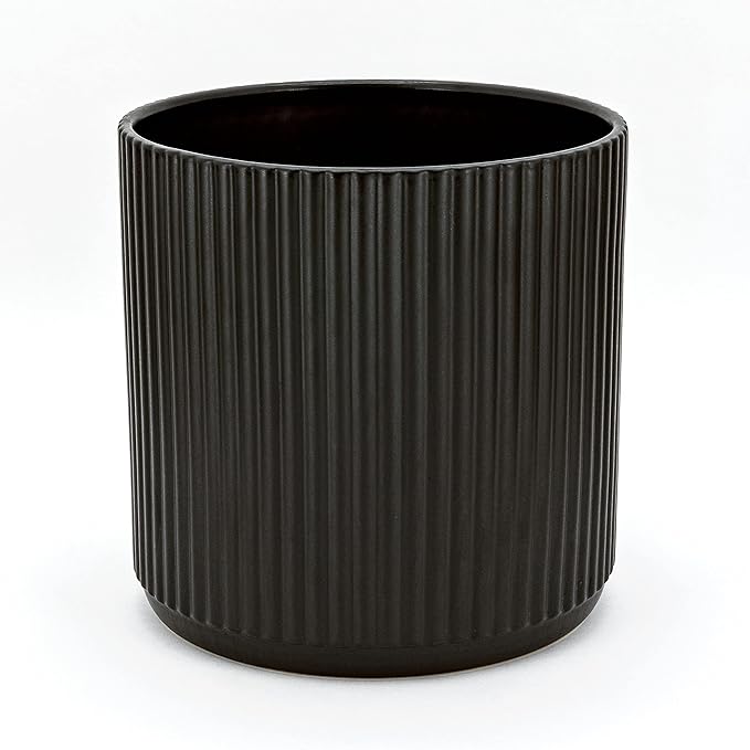 Amazon Basics Fluted Ceramic Round Planter with Drainage Hole, Indoor Outdoor Flower Pot, 8-inch, Black