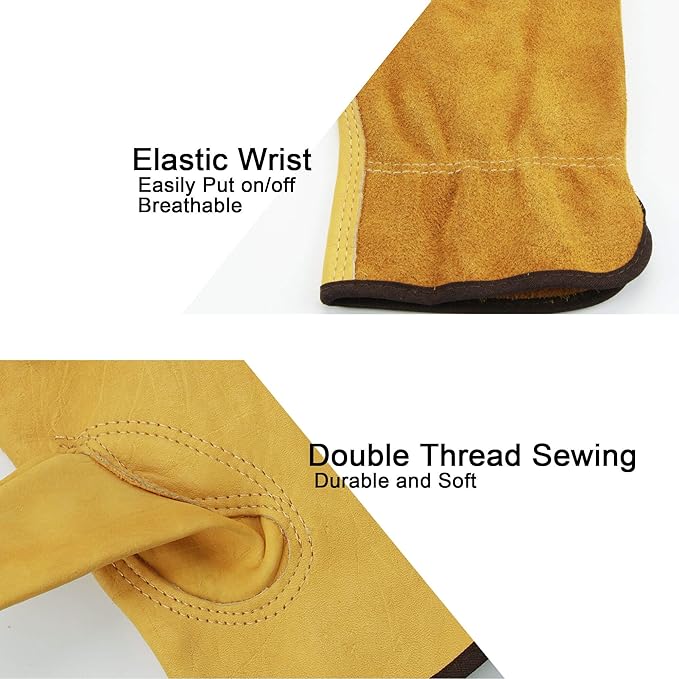 OZERO Leather Work Gloves Flex Grip Tough Cowhide Gardening Glove for Wood Cutting/Construction/Truck Driving/Garden/Yard Working for Men and Women 1 Pair (Gold,X-Large)