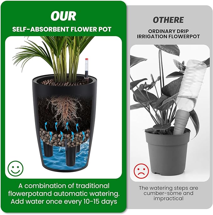 16" Tall Planter Set of 4, Self Watering Pots with Built-in Drainage and Water Level Gauge, Large Planter Pots for Garden, Patio, Balcony, Lounge, Black