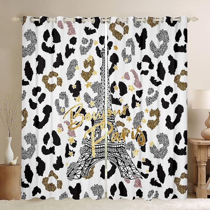 Feelyou Eiffel Tower Curtains Leopard Print Window Curtains Bedroom Living Room Kids Room Decor Boys Girls Paris Tower Window Drapes Cheetah Print Window Treatments 42W X 90L，2 Panels