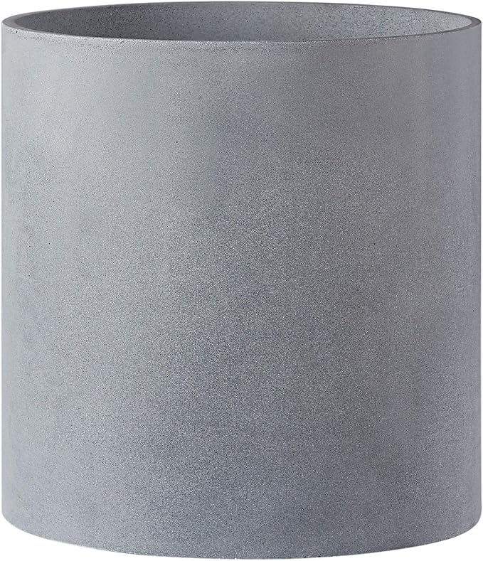 FaithLand 12 Inch Fiberstone Planter - Lightweight Modern Cylinder Plant Pot with Drainage Hole & Plug, Authentic Concrete Look, Gray