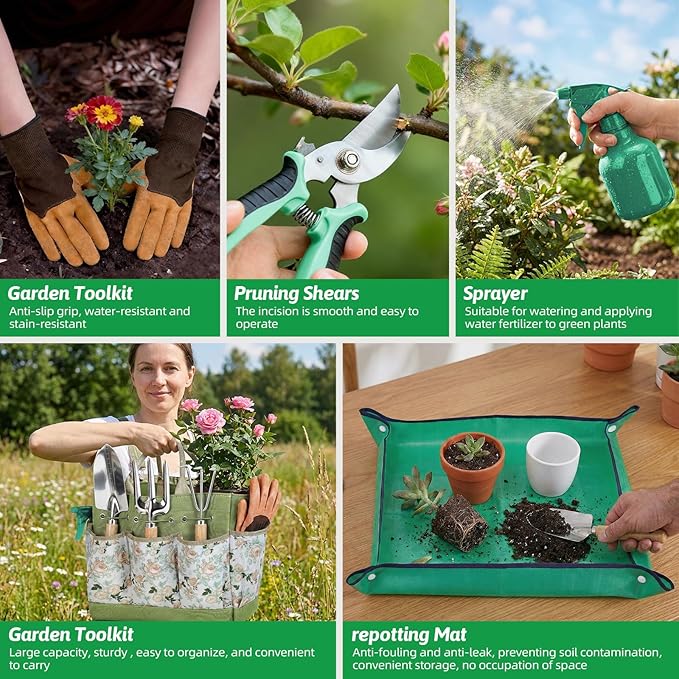 Gardening Tools 10 Pack Heavy Duty Rust-Proof Garden Tool Set with Organizer Tote Bag,Sturdy Repotting Mat,Gardening Gifts for Women Mom(Green)