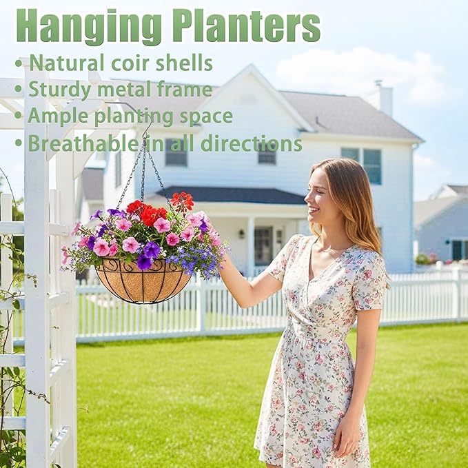 2 Pack 12 Inch Hanging Baskets for Plants Outdoor Metal Hanging Planters Round Hanging Flower Pots with Coco Coir Liner Plant Holder for Outdoor Patio Garden Balcony Decor - Flower Border