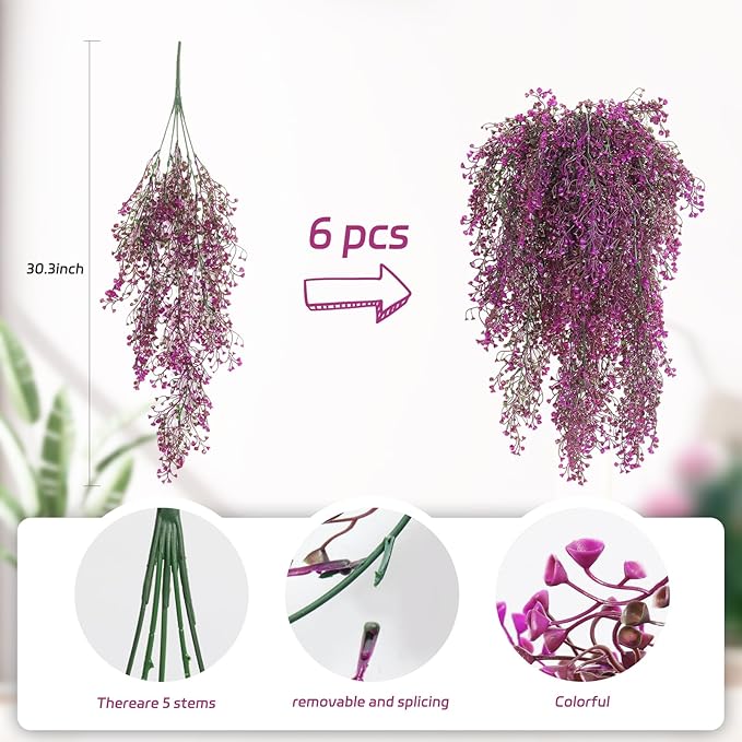 RECUTMS Artificial Hanging Leaves Plants 6Pcs Indoor Fake Flower Swags Faux Vines Ivy Leaves Plastic Greenery Resistant Plastic for Wall Wedding Party Porch Garden Decoration(Fuchsia)