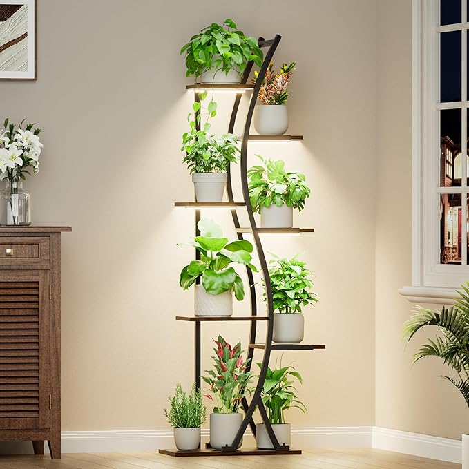 MJOMKN 62" Plant Stand Indoor with Grow Lights - 7 Tiered Tall Metal Plant Shelf - Corner Wooden Plant Stand for Indoor Plants Multiple, Large S-Shape Flower Rack Holder for Living Room, Garden, Patio Decor