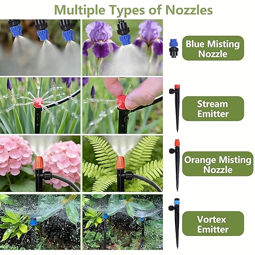 230FT Garden Irrigation System with 40 Nozzles & Emitters, Automatic Watering System with 1/2" & 1/4" Tube and Barbed Fittings, Garden Sprinkler for Raised Beds, Greenhouse, Lawn