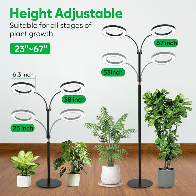 Dual-Head Grow Lights for Indoor Plants, LED Full Spectrum Floor Plant Lamp with Timer 3/9/12H, 10 Dimmable Levels, Flexible Gooseneck, Height Adjustable 23"-67" for Large Houseplants