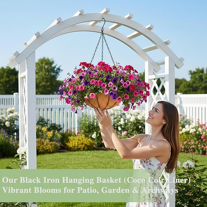 EIMQUVW Outdoor Metal Hanging Planters Basket (4pack, 8 inch) Hanging Baskets for Plants Chain Round Wire Plant Holder with Coco Fiber Liners for Garden, Patio, Deck, Porch