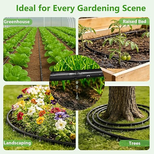 MIXC 1/4" Irrigation Dripline Tubing (100 Ft Roll) with 10Ft 1/2" Main Line, Saving 80% Water, 6" Emitter Spacing, 0.5 GPH Emitters Built-in Drip Irrigation Line with 1/4" Push-to-Connect Fittings
